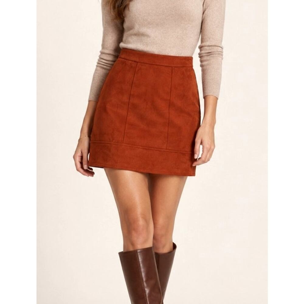 NWT Saks Fifth Ave Faux Suede A-Line Mini Skirt Small Rust Orange Fall Old Money